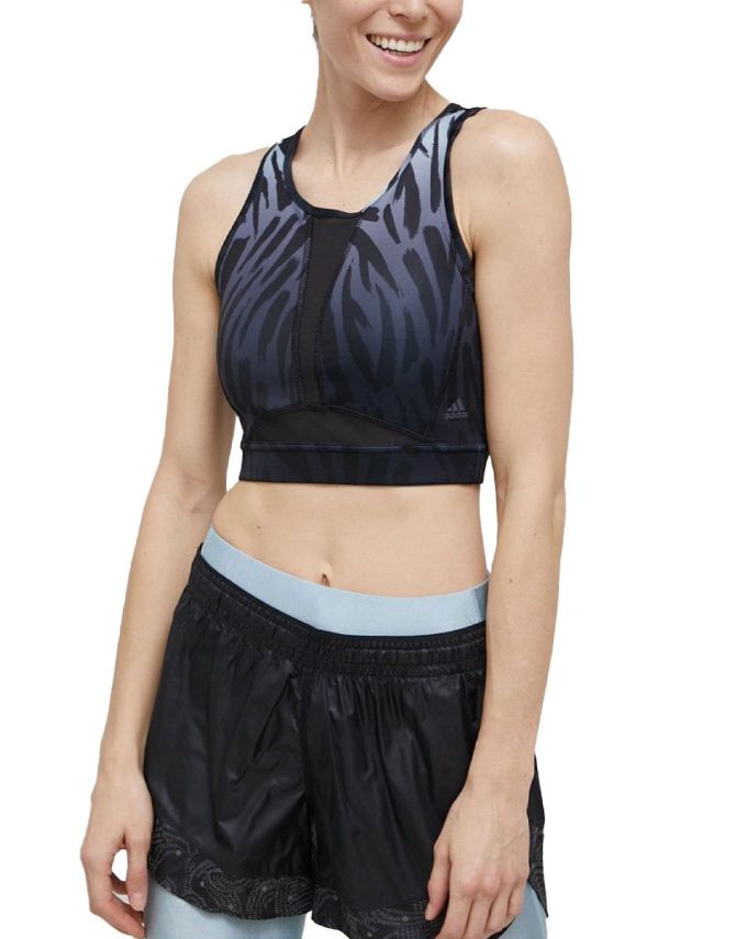 ADIDAS Training Long Line Tiger-Printed Light Support Bra Black/Blue